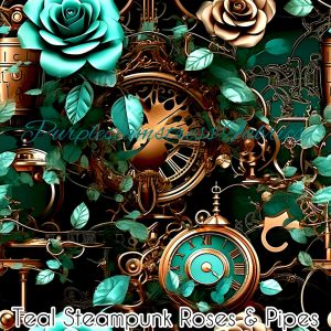 Teal Steampunk Roses & Pipes - Fabric