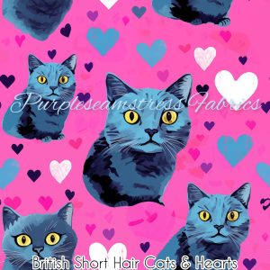 British Shorthair Cats 7 Hearts - Fabric