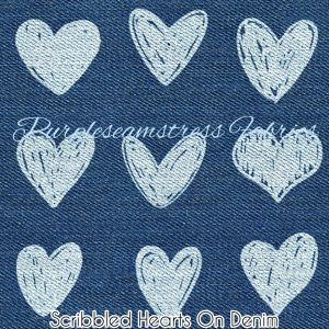 Scribbled Hearts on Denim - Fabric