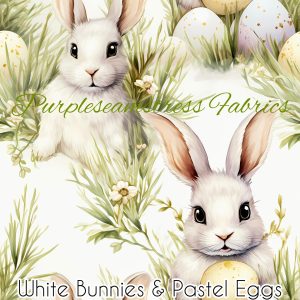 White Bunnies & Pastel Eggs - Fabric