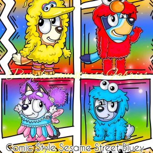 Comic Style Sesame Street Bluey - Fabric