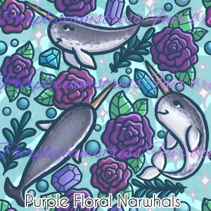 Purple Floral Narwhals - Fabric