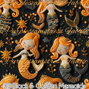 3D Black & Golden Mermaids - Fabric