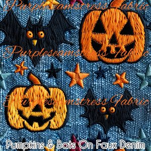 Pumpkin & Bats on Faux Denim - Fabric