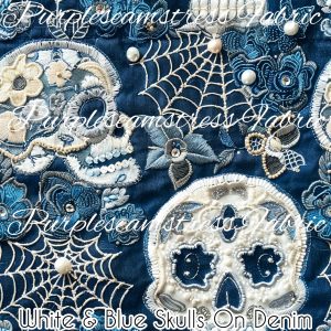 White & Blue Skulls on Denim - Fabric