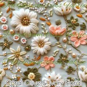 Coral Olive & Ivory Floral - Fabric