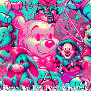 Neon Teal Pink Pooh & Friends - Fabric