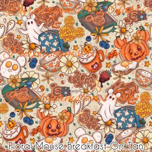 Floral Mouse Breakfast on Tan - Fabric
