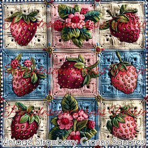 Vintage Strawberry Granny Squares - Fabric