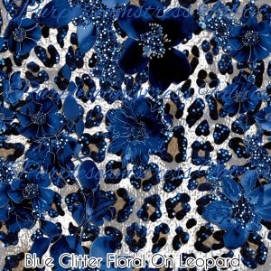 Blue Glitter Floral On Leopard - Fabric