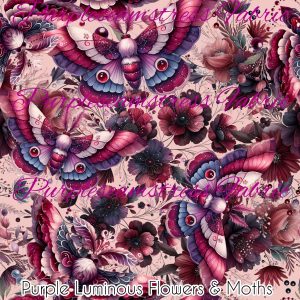 Purple Luminous Flowers & Moths - Fabric