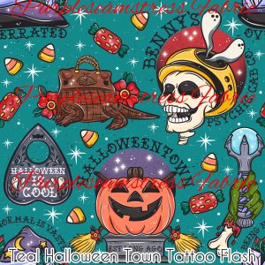 Teal Halloween Town Tattoo Flash - Fabric