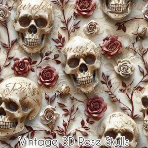 3D Vintage Rose Skulls - Fabric