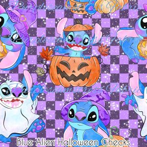 Blue Alien Halloween Checks - Fabric