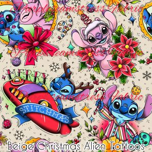 Beige Christmas Alien Tattoos - Fabric