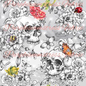 Butterflies on Sketched Skulls - Fabric