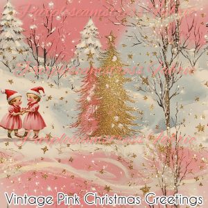 Vintage Pink Christmas Greetings - Fabric