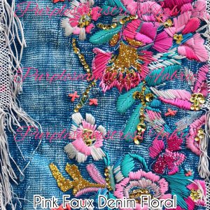 Pink Faux Denim Floral - Fabric