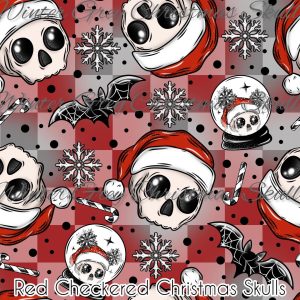 Red Checkered Christmas Skulls - Fabric