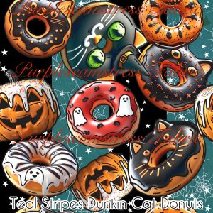 Teal Stripes Dunkin Cat Donuts - Fabric