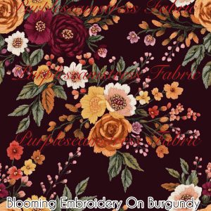 Blooming Embroidery On Burgundy - Fabric