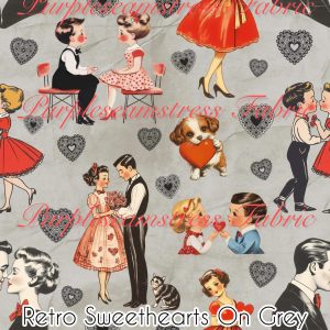 Retro Sweethearts on Grey - Fabric