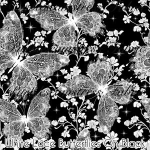 White Lace Butterflies on Black - Fabric