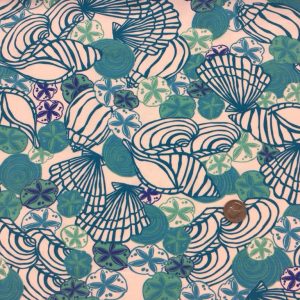 Jade & Royal Blue Seashell Collection on White Cotton Jersey - C