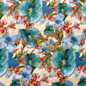 Blue & Red Flowers on White Cotton Jersey