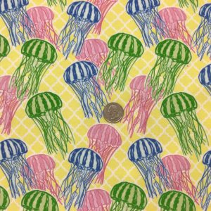 Jellyfish on Yellow & White Lattice Cotton Lycra - Fabric