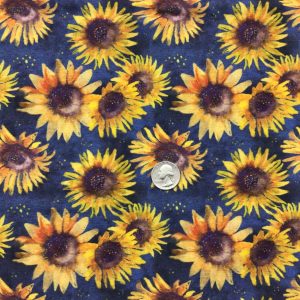RTS Rustic Sunflower on Blue Cotton Lycra - Fabric